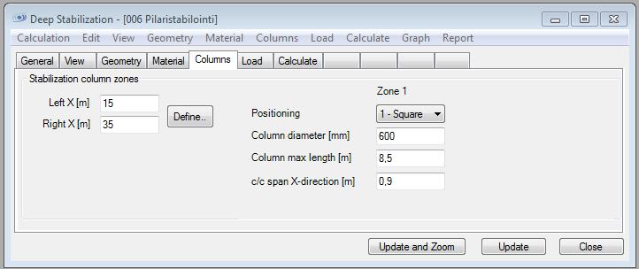 164 5.6.5 Pilarit Siirrytään Columns välilehdelle määrittämään tehtävän pilaristabiloinnin sijainti, syvyys ja pilareiden mitat: