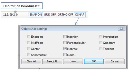 62 Tartuntatyökalut sijaitsevat työalueen alareunassa ja valitaan päälle/ pois päältä klikkaamalla. Osnap tartunnasta avautuu tarkempi valintaikkuna, mistä voidaan määrittää osoittimen tartuntatapa.