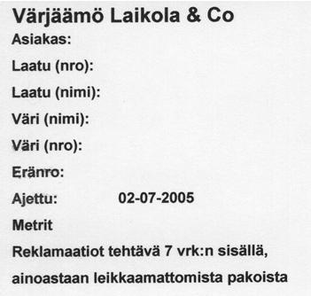 30 Kohtaan Erän pituus tulee koko erän yhteispituus. Pituuden ohjelma laskee tulostetuista pakoista. Aina kun ohjelma tulostaa pakkalapun, siirretään Pakan pituus kohtaan Erän pituus.