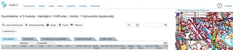 86 Kuva 5.4. Hae tierekisteristä -näkymä, kun hankkeeseen tarkastelualueeseen kuuluvat tieosat on määritetty. Tieverkkoon on valittu mukaan myös kaikki sivutien valtatie 3 tieosien 205 208 välillä.