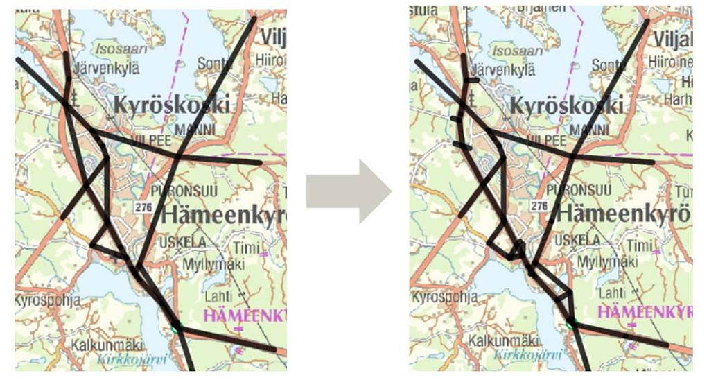 89 Kuva 5.9. Tierekisteristä haettu liikenneverkko vasemmalla ja täydennetty nykyverkko oikealla.