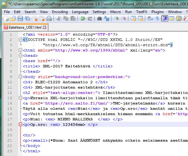 html tiedostoon ohjeiden mukaisesti: Kirjoita oma nimesi ja op-num.