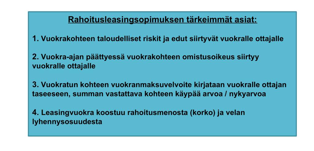 tamia Halonen et al. (2013, 435-436) mainitsemia tärkeitä rahoitusleasingsopimuksen tunnusmerkkejä. 32 Kuvio 5. Rahoitusleasingsopimuksen tunnusmerkkejä. (Halonen et al. 2013, 435-436) 3.