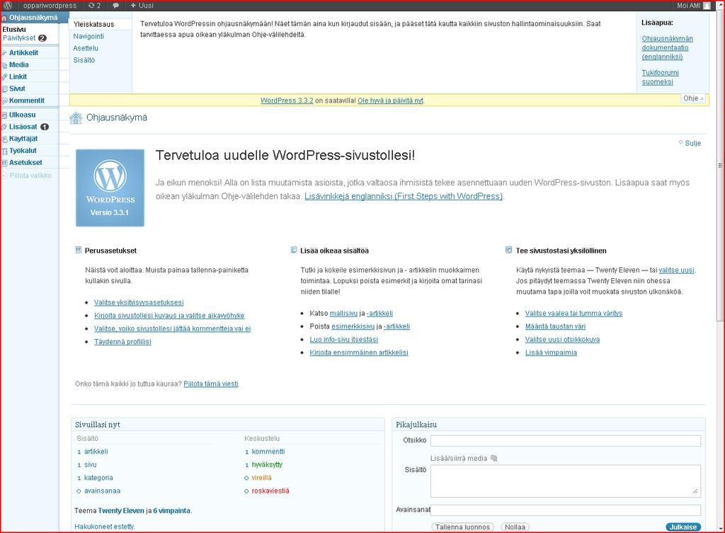 WordPressin dokumentaatio ja ohjeet löytyvät käyttöliittymän näkymästä yläpalkista kohdasta ohje. WordPress on käännetty suomeksi.
