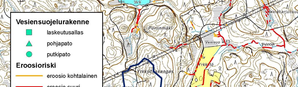 Kuva 4. Kärmelammen ojan valuma-alueet, ehdotetut vesiensuojelurakenteet sekä uomien eroosioriski.
