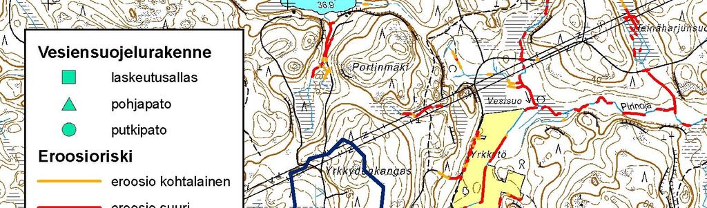 Kuva 4. Kärmelammen ojan valuma-alueet, ehdotetut vesiensuojelurakenteet sekä uomien eroosioriski.