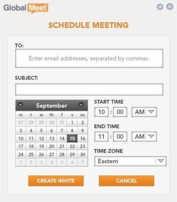 Vaihe 1: Valitse työpöytäsovelluksesta kohta Schedule Meeting Vaihe 2: Syötä kutsuttujen sähköpostiosoitteet ja kokouksen aihe, ja valitse sitten kalenterista päivämäärä sekä alkamis- ja
