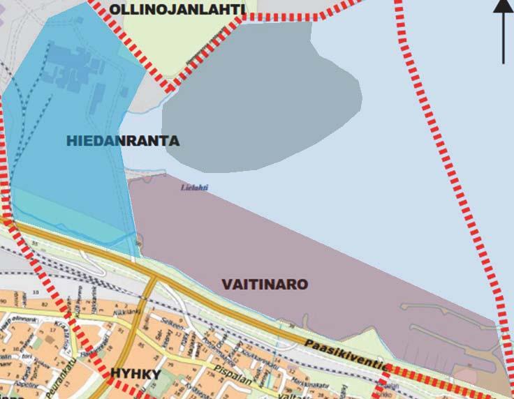 Näsijärven pohjassa sijaitseva nollakuitualue. Tässä raportissa Hiedanrannan pohjoisosaa kutsutaan Niemenrannaksi, länsiosaa Lielahdeksi ja eteläosaa Vaitinaroksi kuvassa 1 esitetyllä tavalla.