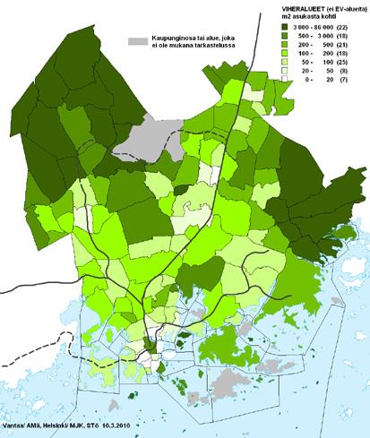 231 (250) Kartta 7.5 Asemakaavan ja yleiskaavan viheralueiden määrä asukasta kohti osa-alueittain Helsingissä ja lla (Suojaviheralueita ei ole laskelmassa mukana.