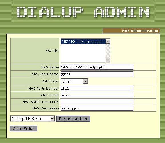 Dialup Adminin Accounting -sivu Dialup Adminin avulla voidaan seurata käyttäjien tilastointitietoja Accounting