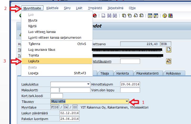 1) Poista hyvityslaskupyynnön laskulukitus valitsemalla pudotusvalikosta tyhjä kohta. 2) Asiakkaan nimike ei kopioidu automaattisesti alkuperäiseltä laskulta.