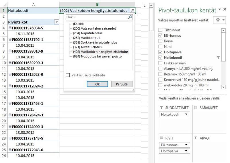 32 (56) KUVA 19. Pivot näkymä (Nousiainen 2017-02-01). Uudessa taulukossa päivämäärät muuttuivat numeroiksi, koska Excel korjaa päivämäärät juokseviksi numeroiksi.