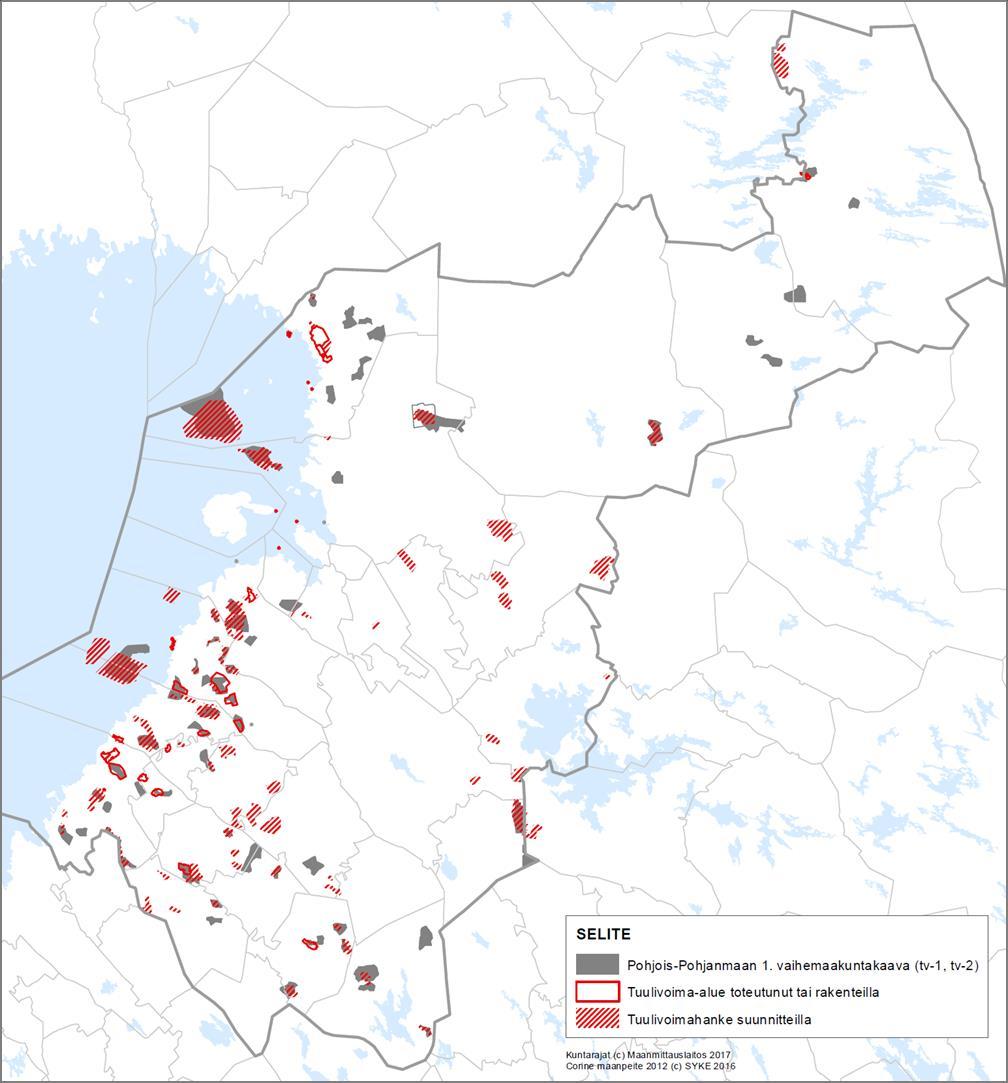 (Pohjois-Pohjanmaan 3. vaihemaakuntakaavan selvityskartat, Tuulivoimarakentamisen suunnittelutilanne Pohjois-Pohjanmaalla 20.2.2017).