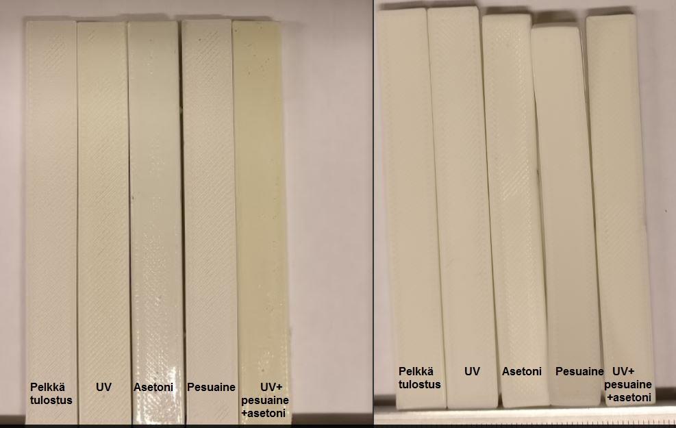 35 6.2 Värimuutokset Ultraviolettivalon aiheuttamia värimuutoksia on PLA-koesauvoista vaikeampi erottaa kuin HIPS-koesauvoista, joiden kohdalla ultraviolettivalo on aiheuttanut selkeämpää