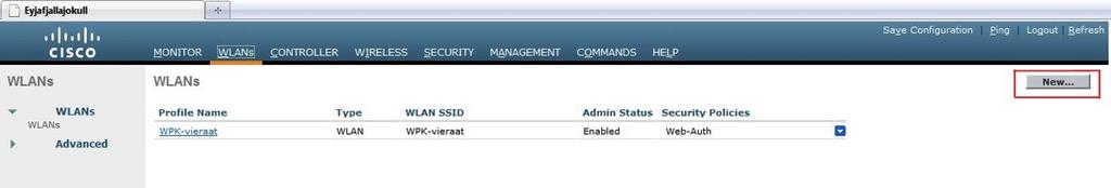 Kuva 15: WLANin luomisen aloitus WLANs > New sivulla annetaan uuden langattoman verkon tiedot.