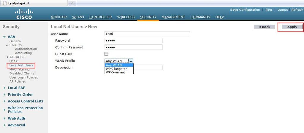 61 Web-autentikointia varten tarvitsee vielä käydä Security-kohdan AAA > Local Net Users -valikosta lisäämässä käyttäjä eli käyttäjätunnus- ja salasanapari jolla Webautentikointi onnistuu.
