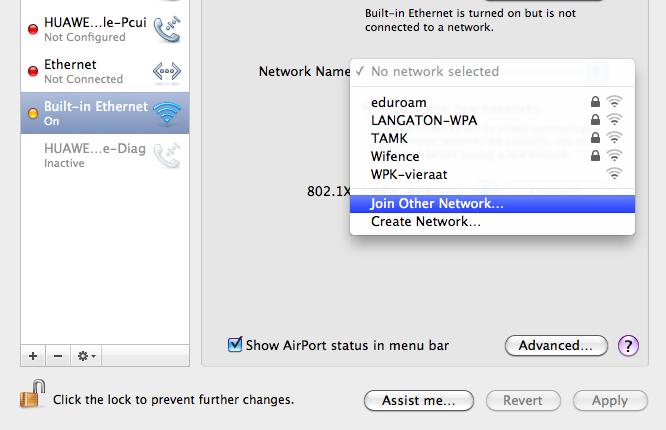 Verkkoihin kirjautuminen 77 Apple MAC OS X Avataan Network Preferences, ja sieltä Network Name -pudotusvalikosta valitaan Join other Network.