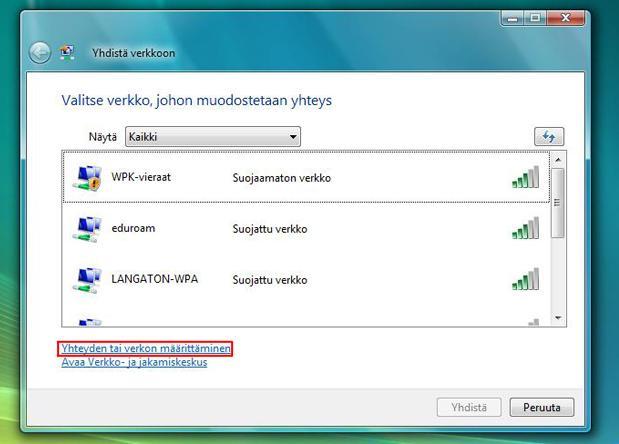 Ensimmäisenä vaiheena Vista antaa ilmoituksen, että langattomia verkkoja on käytettävissä.