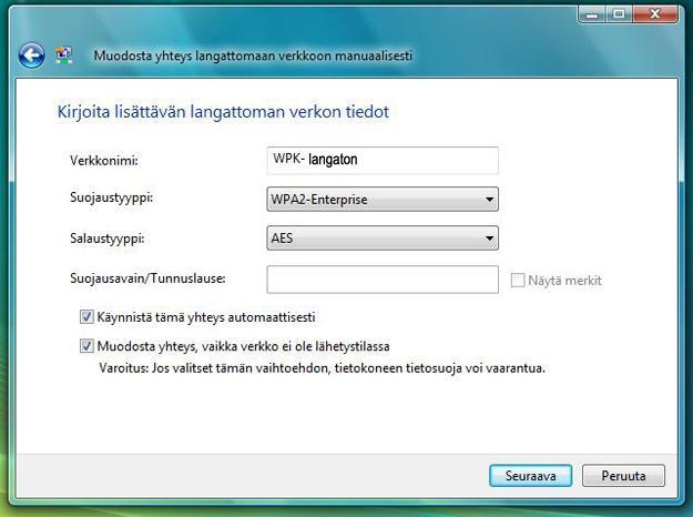 Verkkonimeksi WPK-langaton, suojaustyypiksi WPA2-Enterprise ja salaustyypiksi AES.