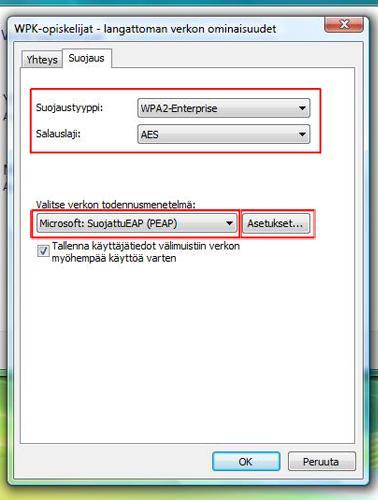 82 Suojaus-välilehdeltä suojaustyypiksi valitaan WPA2-Enterprise ja salauslajiksi AES.