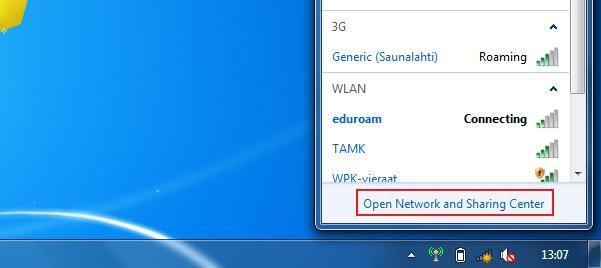 Windows 7 85 Ensimmäisenä avataan Network and Sharing Center (kuva