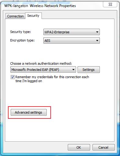 Security-välilehdeltä painetaan Advanced settings (kuva 83). 90 Kuva 83: Yhteyden muodostaminen Windows 7, 11 802.