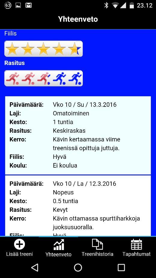 4 HARJOITUSTEN SEURANTA JA LÄHETYS VALMENTAJALLE YHTEENVETO-SIVU Yhteenveto-sivulla näet kaikki tekemäsi harjoitteet joita ei ole vielä lähetetty valmentajalle.