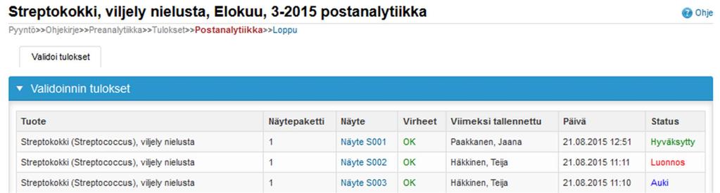 Postanalytiikka Kun kaikkien näytteiden tulokset on ilmoitettu, siirrytään kohtaan Validoi tulokset : Tuote: Mikä prosessin osa on kyseessä Näytepaketti: Kuinka monta näytesarjaa on vastattu Näyte: