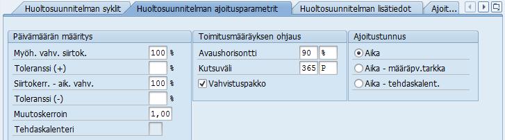 Kuvissa 18 ja 19 on asetettu huoltosuunnitelmalle kutsuväliksi 365 päivää ja avautumishorisontiksi 90 %. Työpyyntö ilmaantuu tällöin noin kuukautta ennen haluttua työn suorituspäivää.