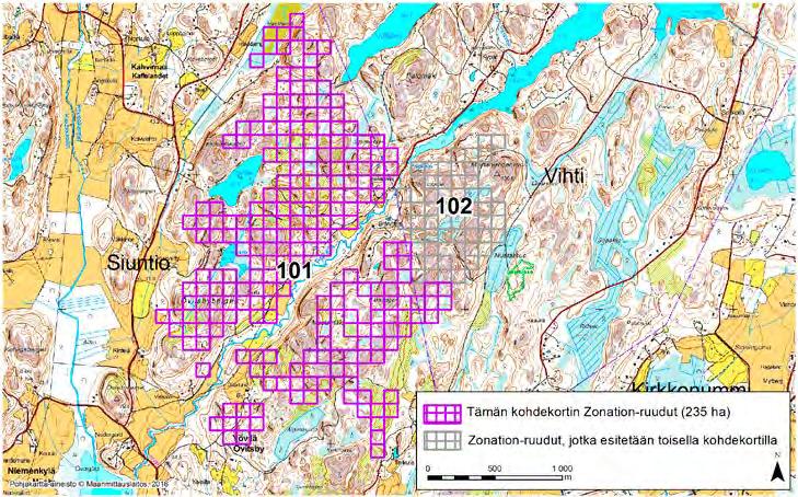 Siuntio Vihti, Zonation-aluetunnus 101 SIUNTIO VIHTI (101) Alue sijaitsee Siuntion koillisosissa Kahvimaan (Kaffelandet) kylän kaakkoispuolella ja Yövilän (Övitsby) kylän pohjoispuolella asutusta ja