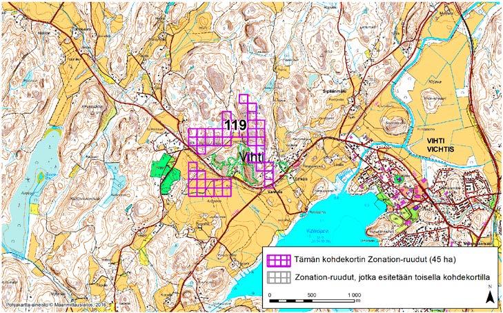 Vihti, Zonation-aluetunnus 119 VIHTI (119) Alue sijaitsee Vihdin keskustan ja Sipilänmäen kylän länsipuolella kallioisella metsä- ja peltoalueella.