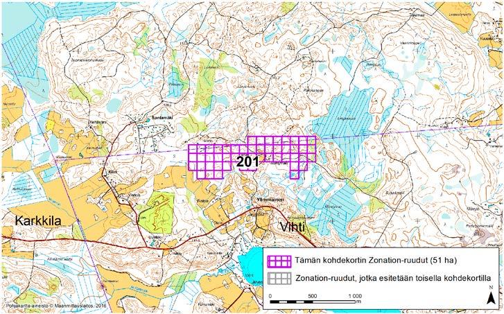 Vihti, Zonation-aluetunnus 201 VIHTI (201) Alue sijaitsee Vihdin koillisosassa Ylimmäisen kylässä. Alue ulottuu pieneltä osin maakunnan rajan pohjoispuolelle, Lopelle.