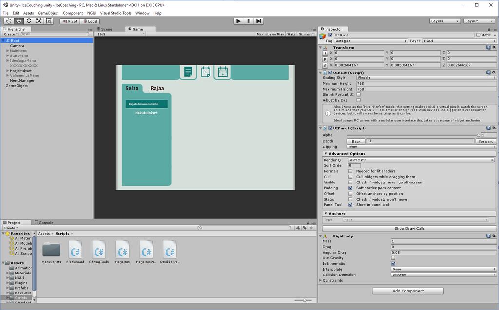 10 3 KÄYTTÖLIITTYMÄTYÖKALUT 3.1 Unity Unity on Unity Technologiesin kehittämä cross-platform 3D-pelimoottori, joka sisältää pelinkehitysympäristön ja omat käyttöliittymätyökalut.