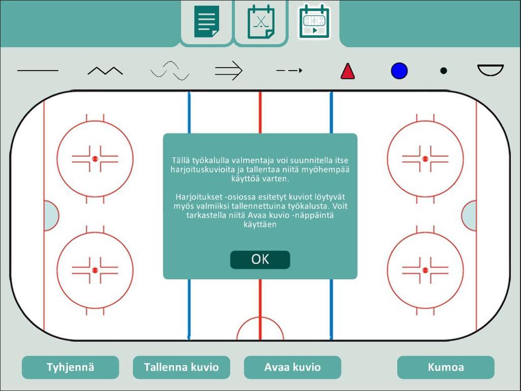 21 4.5 Piirtotyökalut Valmennus-menussa Käyttäjä voi tehdä omia kuvioitaan keskellä olevaan kaukaloon yhdeksällä eri työkalulla.
