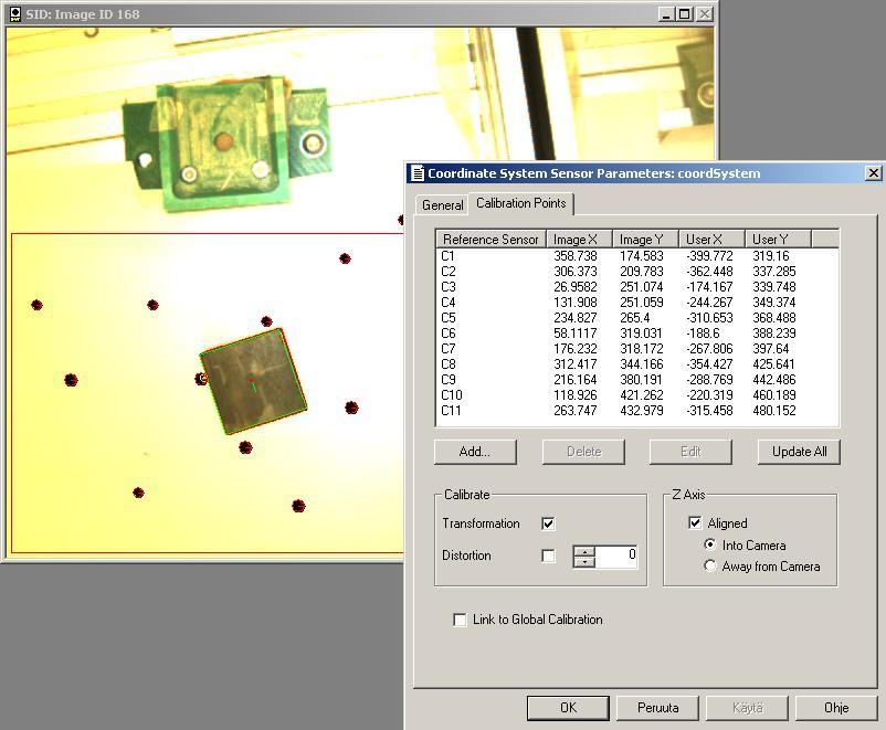 29 onnistui FrameWorkin Coordinate Transformation ja Coordinate System SoftSensoreiden avulla. Kameran kuva-alueelle asetettiin paperi, johon oli satunnaisiin kohtiin piirretty pisteitä.