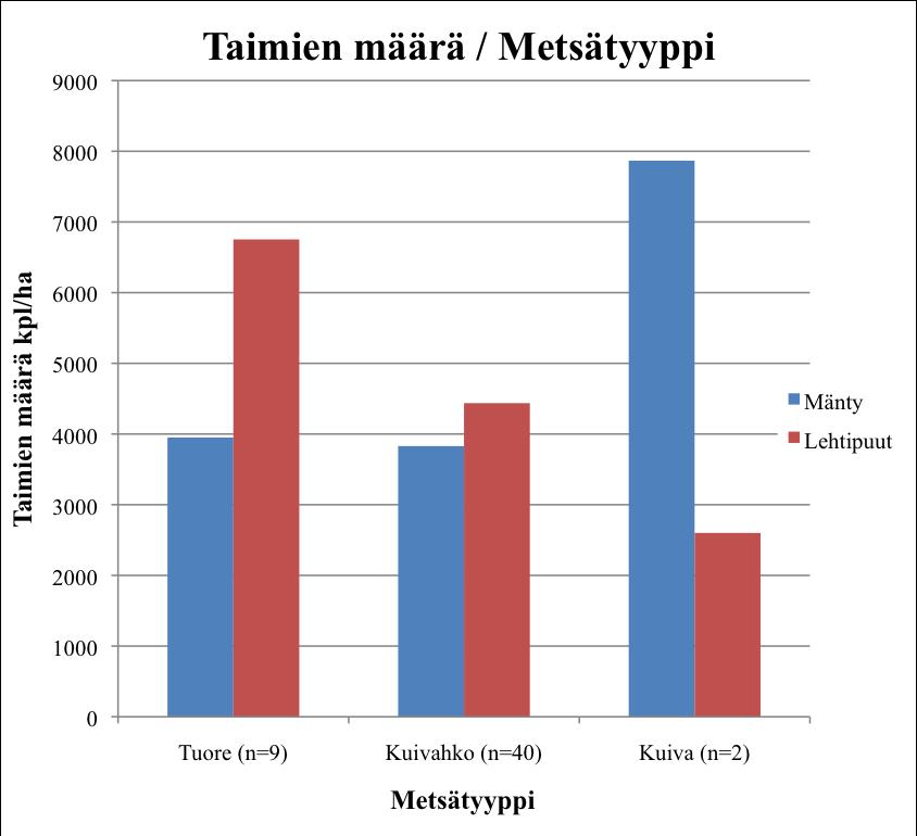 23 Kuvio 2. Taimien määrät metsätyypin mukaan jaoteltuna. Kuviossa (n) tarkoittaa havaintojen lukumäärää. 5.1.