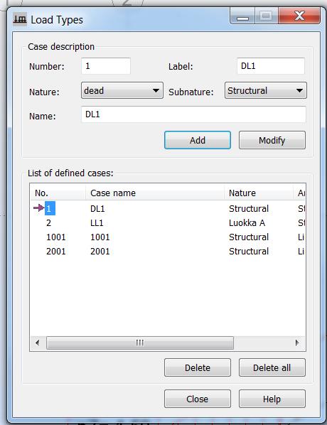 22 Kuormat rakenteelle määritellään Load types -välilehdeltä (kuva 13).