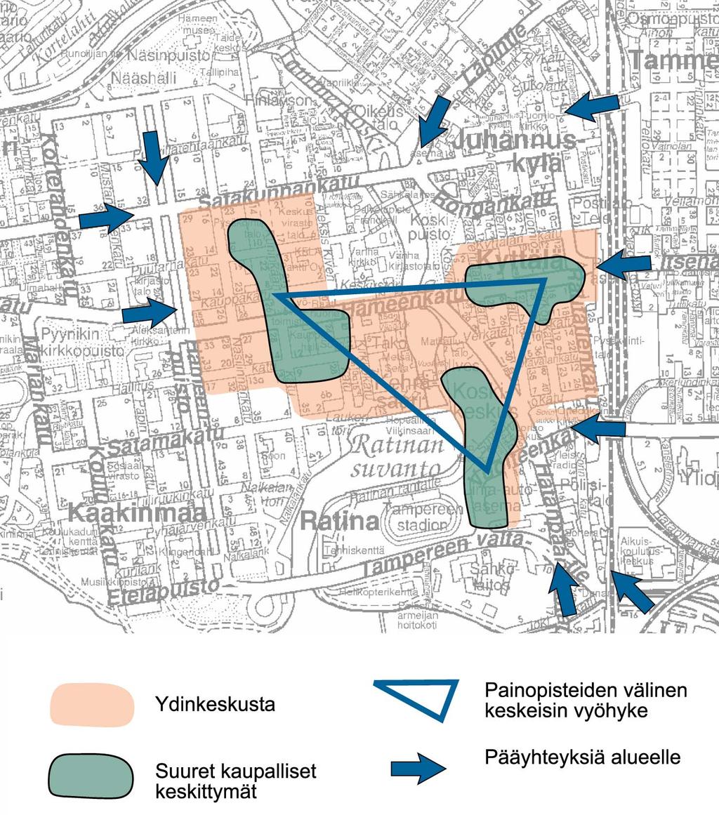 24 Tampereen keskustan liikenneosayleiskaava 4. YDINKESKUSTAN KEHÄVÄYLÄT 4.1 Keskustan rakenne ja yhteystarpeet Ydinkeskusta jakautuu Tammerkosken ja Hämeenkadun vaikutuksesta selkeästi neljään osaan.