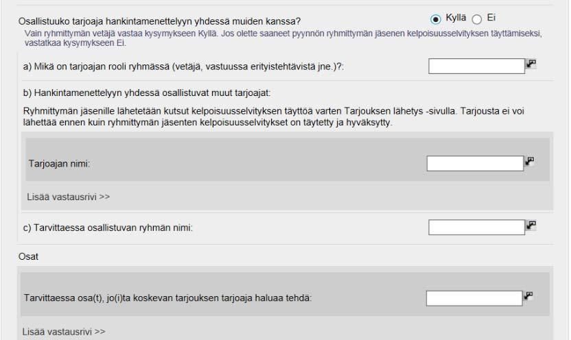 ESPD II osa: Tarjoajaa koskevat tiedot: yhteenliittymä/ryhmittymä jatkuu Yhteenliittymän/ryhmittymän ollessa tarjoajana avautuvat täytettäväksi kohdat a-c.