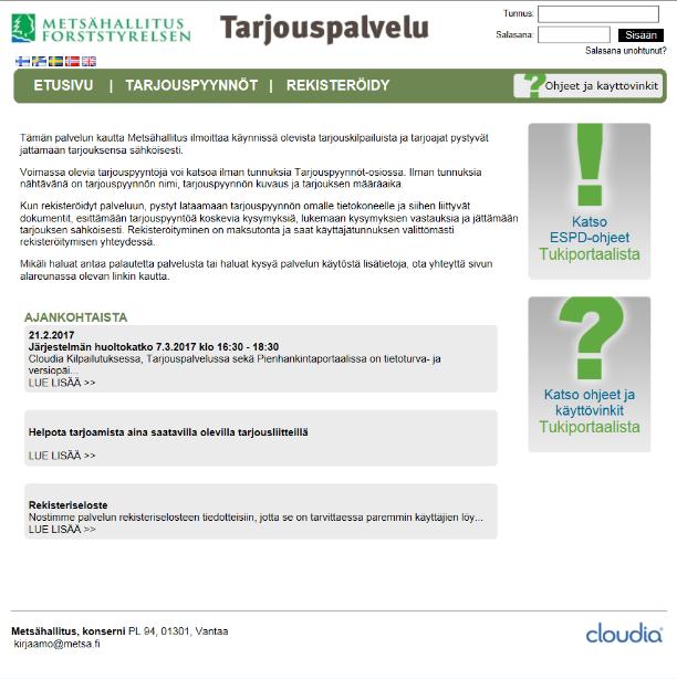 Tähän Tarjouspalvelun etusivu näkymä Tarjouspalvelu.