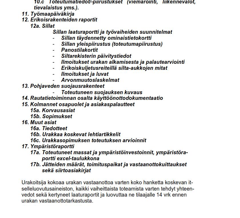 Tilaajan antama yleispätevä ohjeistus dokumenttipohjaisen luovutusaineiston sisällöstä