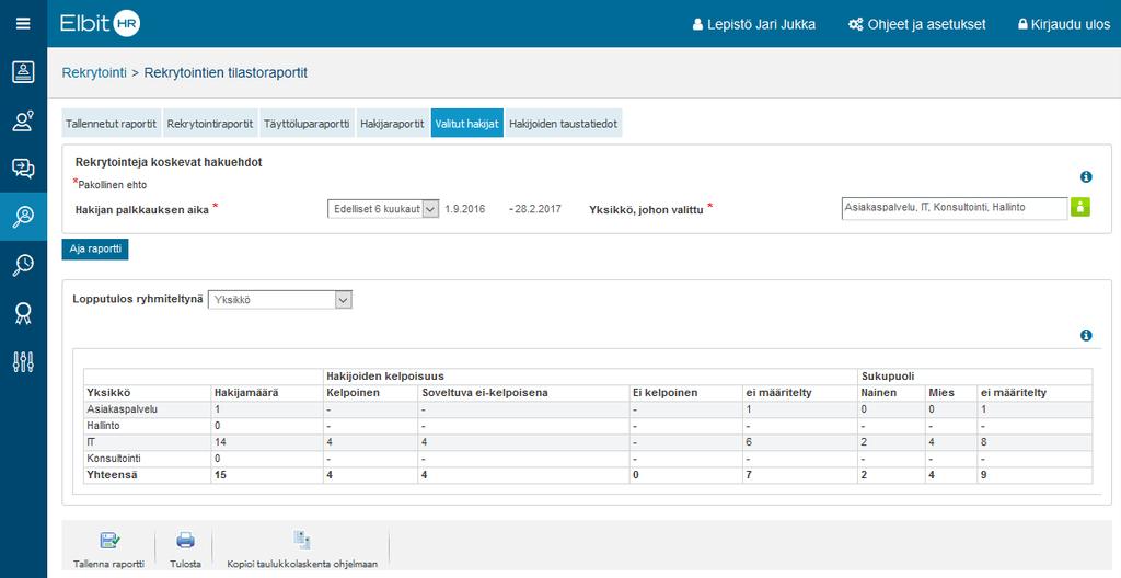 7.4 Uusi raportti palkatuista/valituista hakijoista Uudessa ohjelmistoversiossa on kokonaan uusi raportti palkatuista/valituista työnhakijoista.