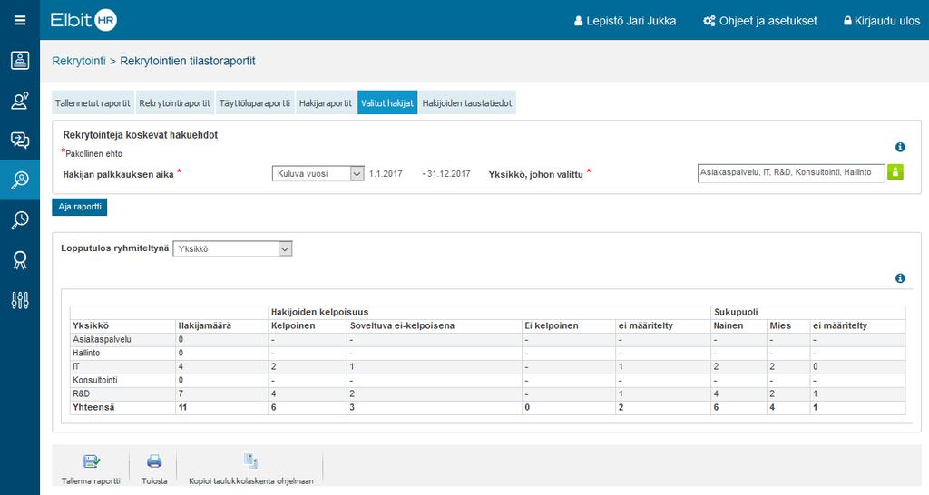 7.7 Tallennetut tilastoraportit Uudessa Kuntarekry versiossa pystytään tallentamaan rekrytointien ja sijaisrekisterin tilastoraportteja tallennetuiksi raporteiksi.