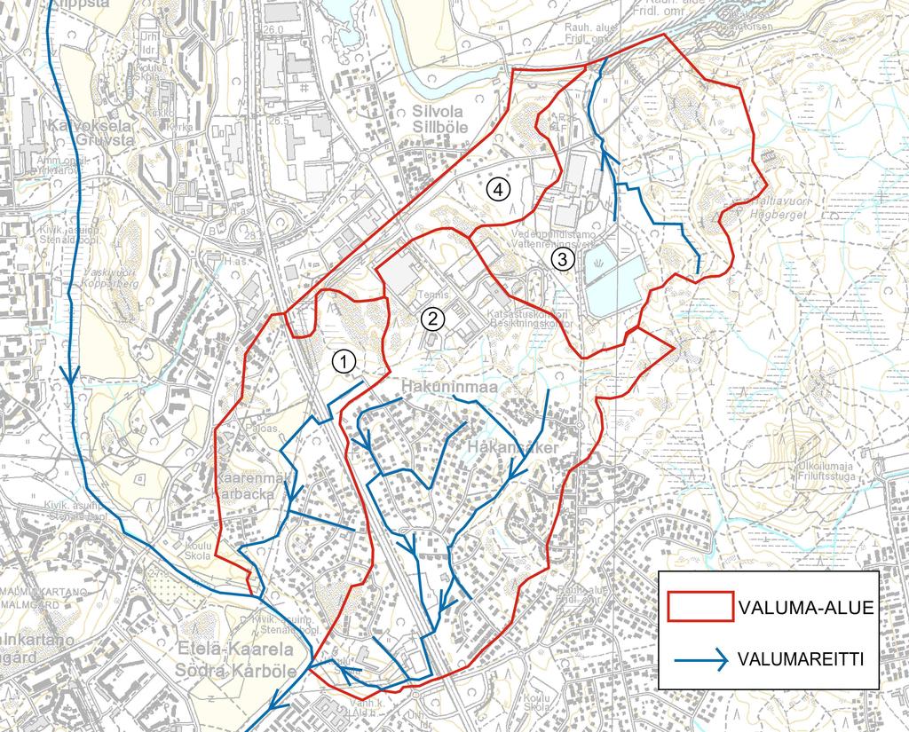 FCG Planeko Oy Loppuraportti 4 (45) hulevesistrategian mukaiseksi 0100-D2830 17.6.2009 2.2 Valuma-alueet ja reitit Kuninkaantammen osayleiskaava-alue sijaitsee Vantaanjoen ja Mätäjoen valuma-alueilla.