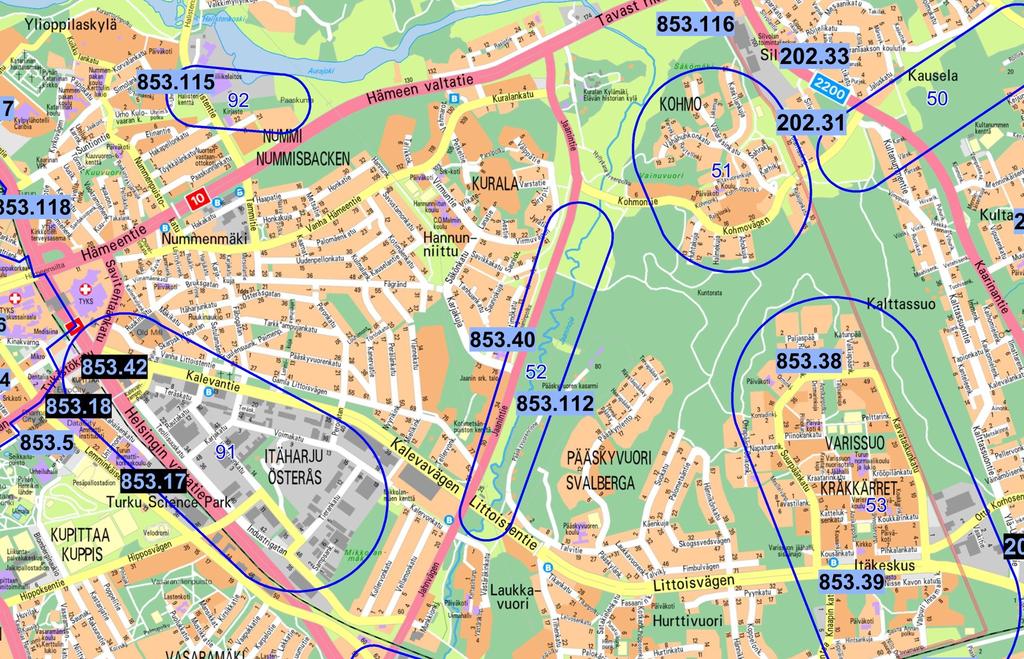 Rakentuvien alueiden sijainti: Itäharju,