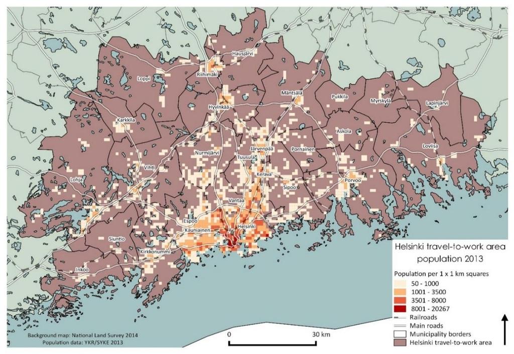 Väestön tiheydet Helsingin työmarkkina-alueella (24