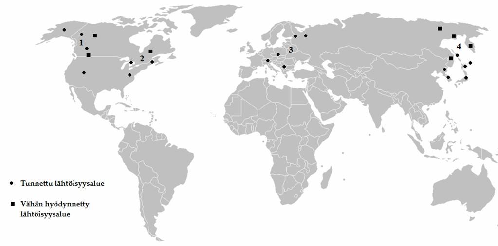 20 KUVA 3. Parhaiksi osoittautuneet viljelymateriaalin lähtöisyysalueet voidaan jakaa neljään ryhmään (taustakartta Wikimedia Commons 2014).