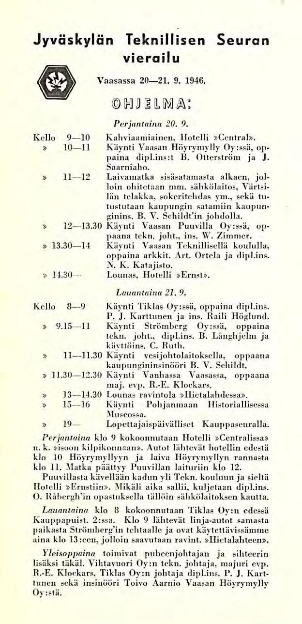 5.3 Vaasan Teknikkojen Seuran polku Vaasan Teknilliseksi Seuraksi Vuonna 1946 heräsi Vaasan Teknikkojen Seuran kokouksessa ajatus kutsua Jyväskylän Teknillinen Seura vierailulle Vaasaan.