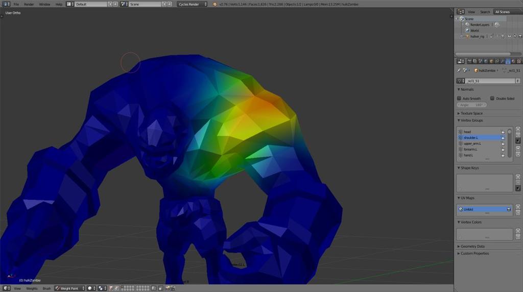 KUVA 7. Erään hahmon vasemman olkapään verteksiryhmän painovärit Kuvassa 8 nähdään miten Blender on sekä luonut verteksiryhmät että osoittanut ne shoulder.l-luulle.