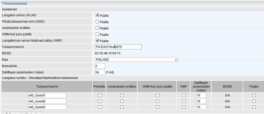 Langaton verkko (WLAN): päälle / pois päältä (oletus päälle) Piilota tukiaseman nimi SSID: Toiminto päälle tai pois päältä (oletus pois päältä) Asiakkaiden erottelu: Jos toiminto on päällä,